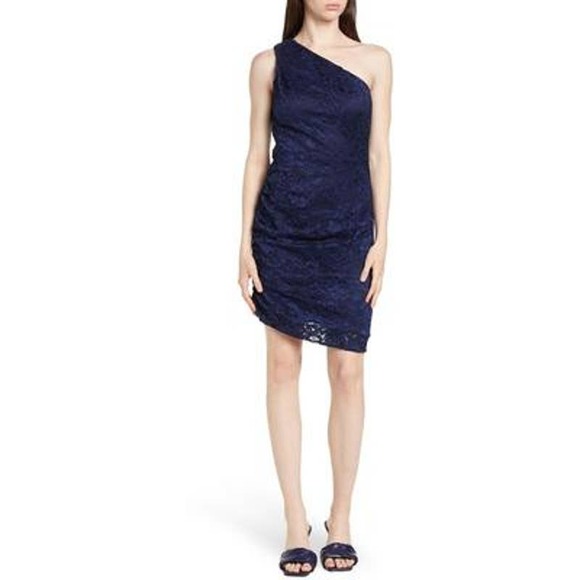 NWT Sam Edelman Womens One Shoulder Lace Ruched Dress Size 10 Navy  Bodycon - Picture 3 of 12